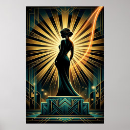 Elegante Art Deco Vrouw Gouden Silhouet Poster