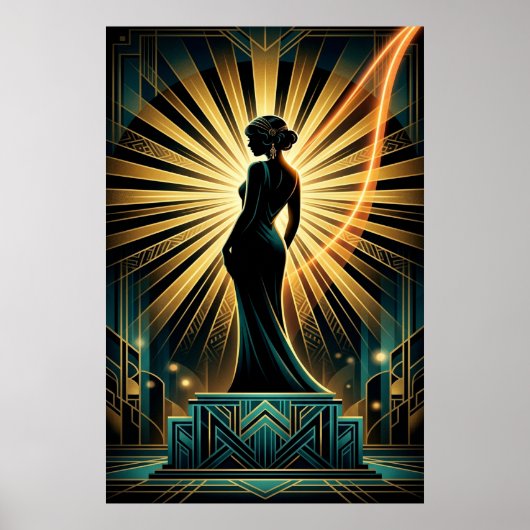 Elegante Art Deco Vrouw Gouden Silhouet Poster (Voorkant)