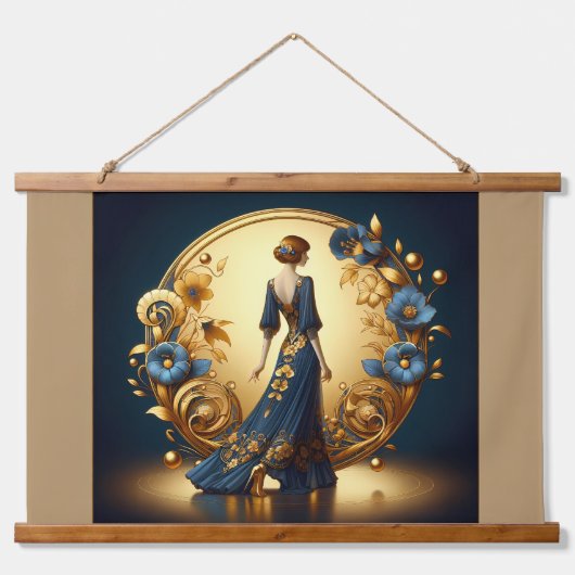 Elegante art deco vrouw in goud en blauw hangend wandkleed (Voorkant)