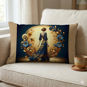 Elegante art deco vrouw in goud en blauw kussen