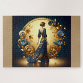 Elegante art deco vrouw in goud en blauw legpuzzel (Horizontaal)