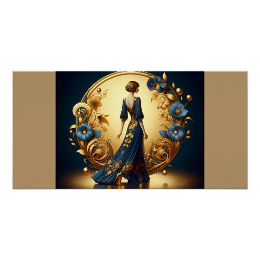 Elegante art deco vrouw in goud en blauw perfect poster (Voorkant)