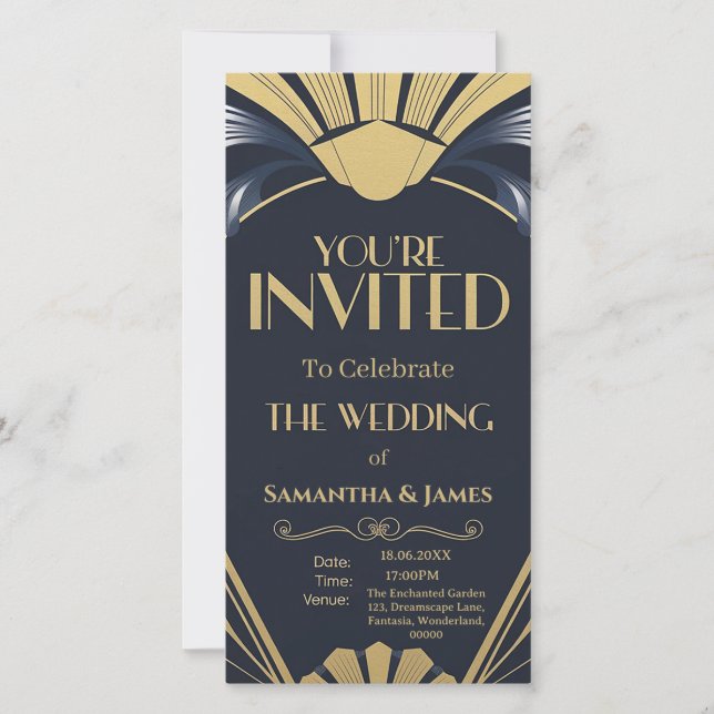 Elegante Art Deco Wedding Design - Navy & Gold (Voorkant)