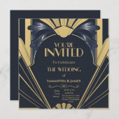 Elegante Art Deco Wedding Design - Navy & Gold Kaart (Voorkant / Achterkant)