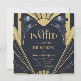 Elegante Art Deco Wedding Design - Navy & Gold Kaart