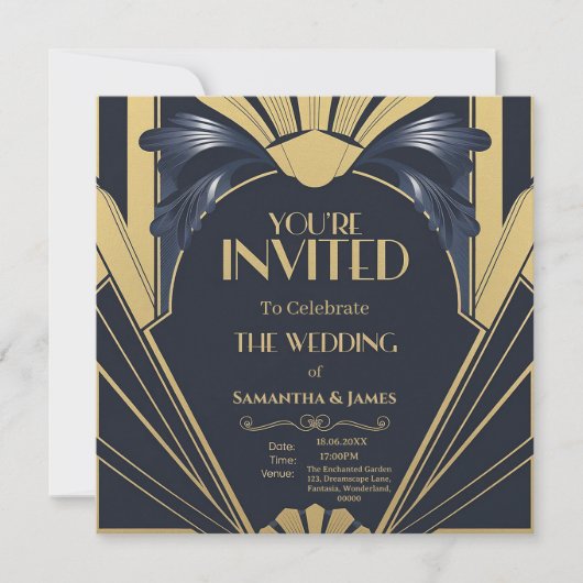 Elegante Art Deco Wedding Design - Navy & Gold Kaart (Voorkant)