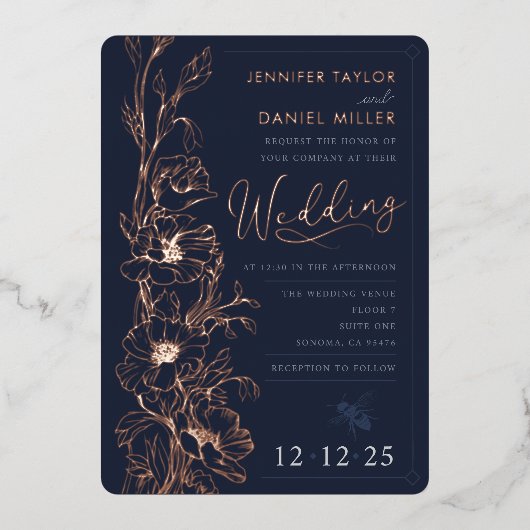 Elegante Art Deco Wildflower bruiloft uitnodiging (Voorkant)