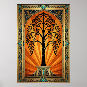 Elegante Art Deco Wilgenboom Zonsondergang Goud Poster