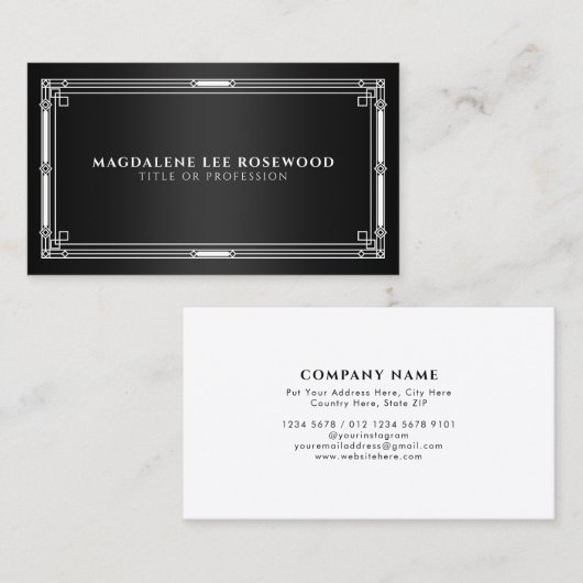 Elegante Art Deco Wit Lijst op zwart Visitekaartje (Voorkant / Achterkant)