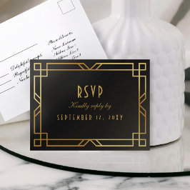 Elegante Art Deco Zwart Goud Lijst Eenvoudige RSVP Briefkaart