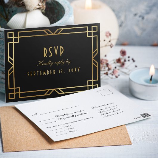 Elegante Art Deco Zwart Goud Lijst Maaltijd Keuze  Briefkaart