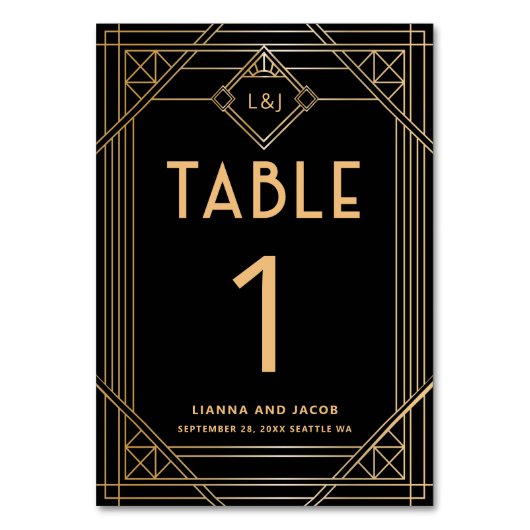 Elegante Art Deco Zwart Goud Trouwtafel Nummer Kaart (Achterkant)
