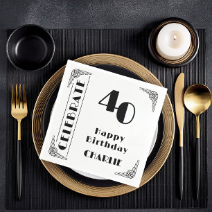 Elegante Art Deco Zwart & Wit 40e Verjaardagsfeest Servet