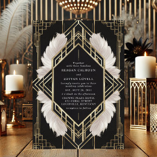 Elegante Art Deco Zwarte en Gouden Veer Huwelijk Kaart
