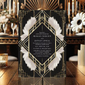 Elegante Art Deco Zwarte en Gouden Veer Huwelijk Kaart