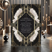 Elegante Art Deco Zwarte en Gouden Veer Huwelijk Kaart