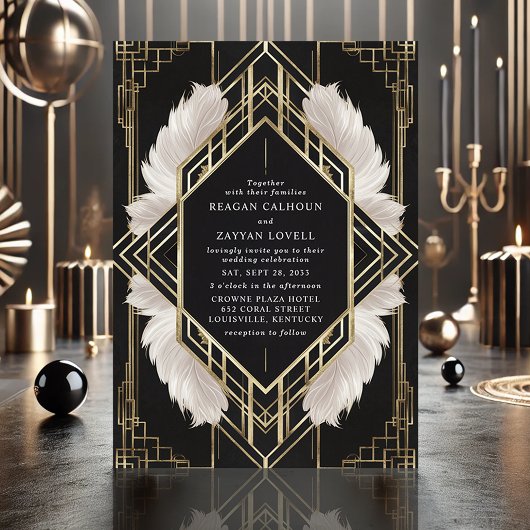 Elegante Art Deco Zwarte en Gouden Veer Huwelijk Kaart