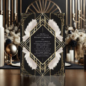 Elegante Art Deco Zwarte en Gouden Veer Huwelijk Kaart