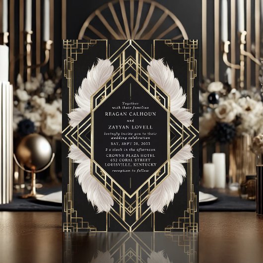 Elegante Art Deco Zwarte en Gouden Veer Huwelijk Kaart