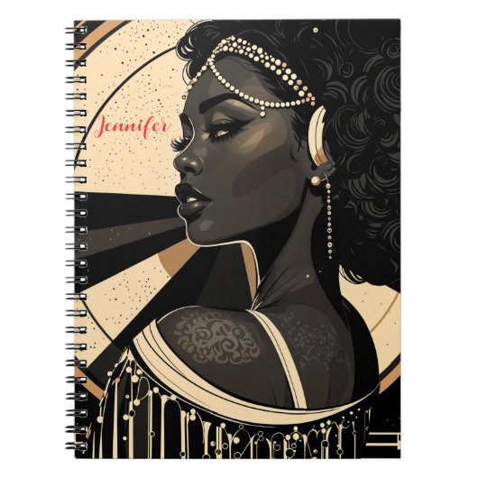 Elegante Art Deco Zwarte Vrouw Flapper Gepersonali Notitieboek (Voorkant)