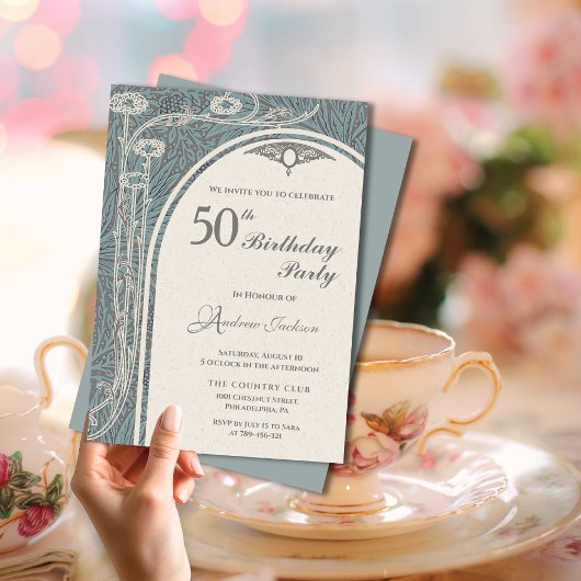 Elegante Art Nouveau Blauwgroen & Zilveren Bloemen Kaart