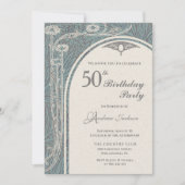 Elegante Art Nouveau Blauwgroen & Zilveren Bloemen Kaart (Voorkant)