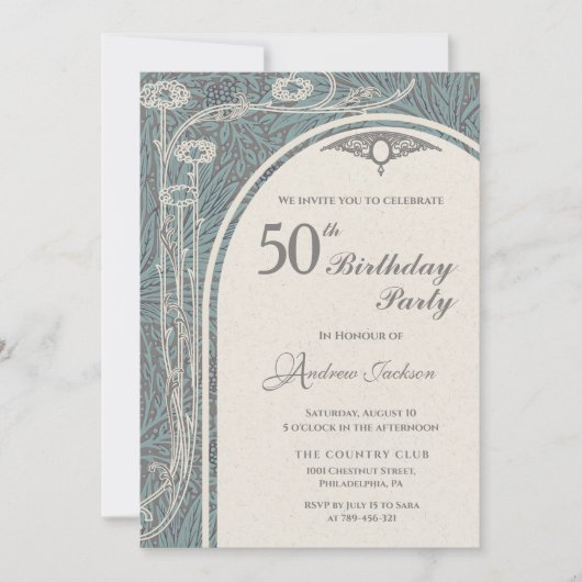 Elegante Art Nouveau Blauwgroen & Zilveren Bloemen Kaart (Voorkant)