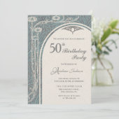 Elegante Art Nouveau Blauwgroen & Zilveren Bloemen Kaart (Staand voorkant)