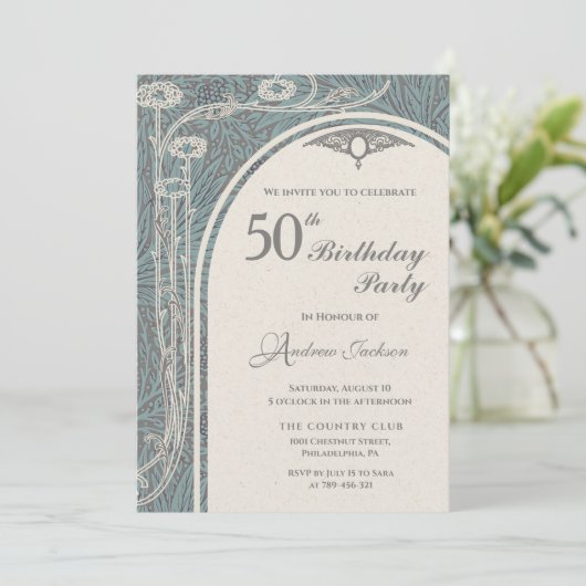 Elegante Art Nouveau Blauwgroen & Zilveren Bloemen Kaart (Staand voorkant)