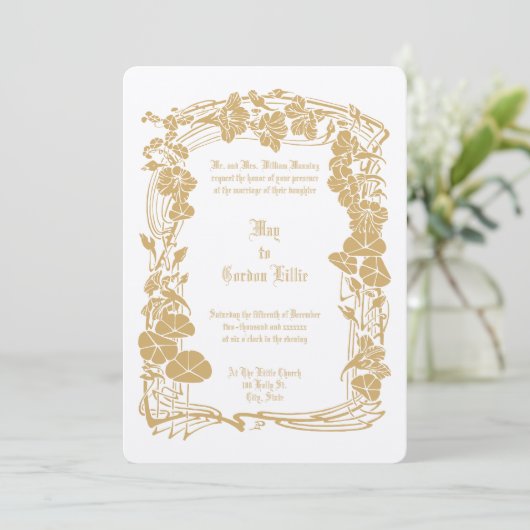 Elegante Art Nouveau Bloemen Border Wedding Kaart (Staand voorkant)
