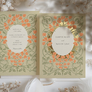 Elegante Art Nouveau Bloemen Zalm Groene Bruiloft Folie Uitnodiging