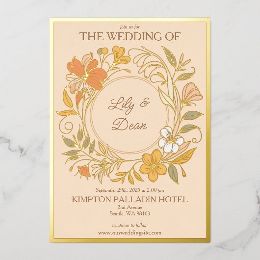 Elegante Art Nouveau Bloemenbruiloft Folie Uitnodiging (Voorkant)