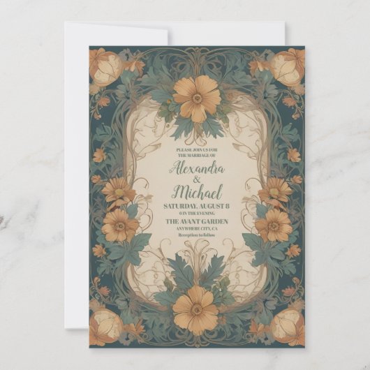Elegante Art Nouveau Bloemenbruiloft Kaart (Voorkant)
