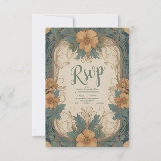Elegante Art Nouveau Bloemenbruiloft RSVP Kaartje (Voorkant)
