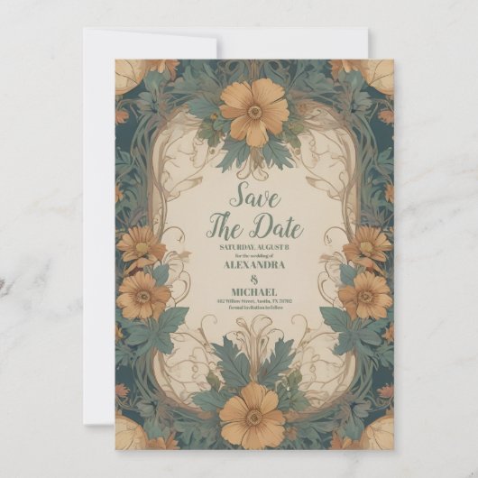 Elegante Art Nouveau Bloemenbruiloft Save The Date (Voorkant)