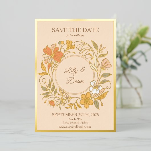 Elegante Art Nouveau bloemfolie Save the Date kaar Folie Uitnodiging (Staand Voorkant)