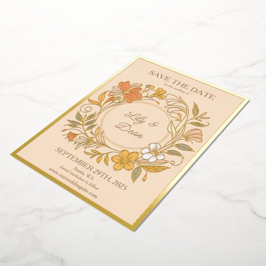 Elegante Art Nouveau bloemfolie Save the Date kaar Folie Uitnodiging (Gedraaid)