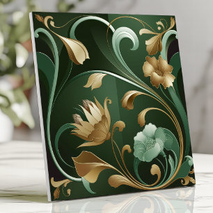 Elegante Art Nouveau bloemmotief smaragd en goud Tegeltje