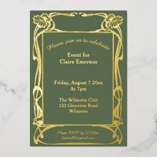 Elegante Art nouveau bloemrijke lijst Folie Uitnodiging (Voorkant)