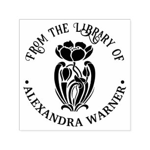Elegante Art Nouveau bloemrond bibliotheekboeknaam Zelfinktende Stempel