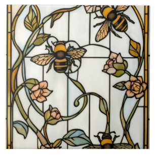 Elegante art nouveau botanische bij glasschilderku tegeltje