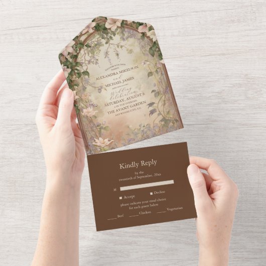 Elegante Art Nouveau bruiloft All In One Uitnodiging (Afscheurbaar)