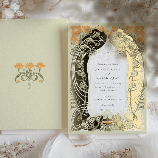 Elegante Art Nouveau bruiloft Bloemen Ontwerp Folie Uitnodiging