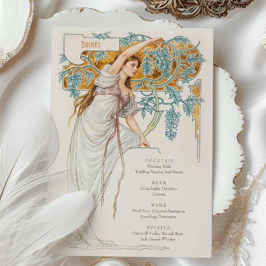 Elegante Art Nouveau Bruiloft Drinken Menu Kaart