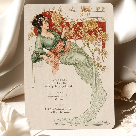 Elegante Art Nouveau Bruiloft Drinken Menu Kaart
