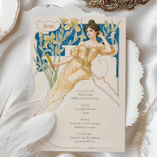 Elegante Art Nouveau Bruiloft Drinken Menu Kaart
