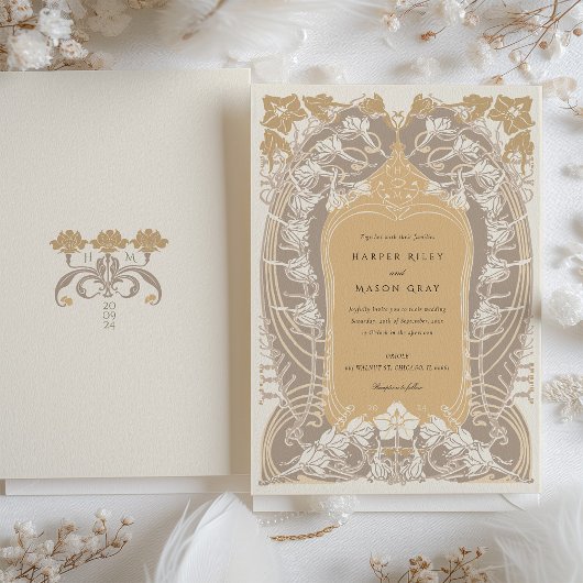 Elegante Art Nouveau bruiloft gouden crème tonen Kaart