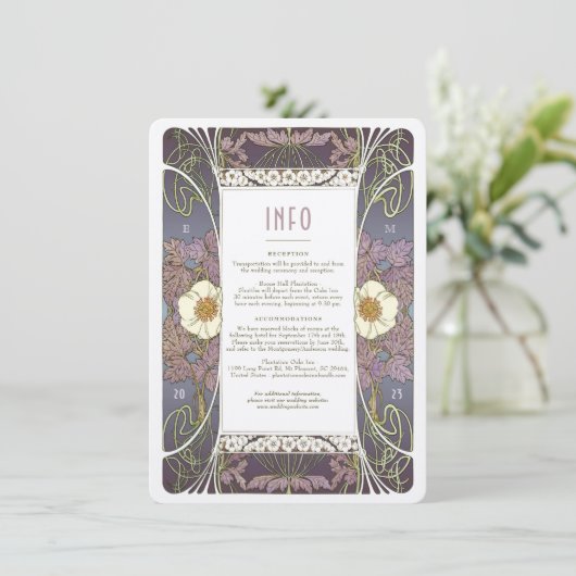 Elegante Art Nouveau bruiloft info Kaart (Staand voorkant)