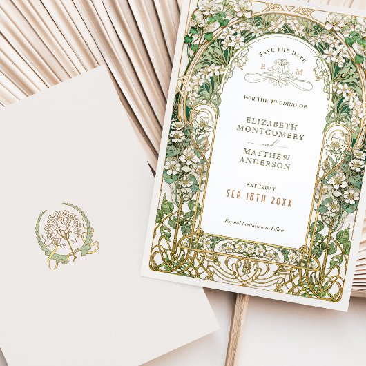 Elegante Art Nouveau bruiloft Save the Date Kaart