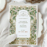 Elegante Art Nouveau bruiloft Save the Date Kaart<br><div class="desc">Deze prachtige bruiloft save-the-date-kaart toont een prachtig gedetailleerd Art Nouveau-ontwerp, met een ingewikkelde rand van delicate witte bloesems en weelderige groene bladeren, allemaal omlijst met gouden accenten. De voorkant van de kaart belicht de belangrijke huwelijksdetails, omlijst door sierlijke bloemenbogen en kromlijnige patronen, die een vleugje elegantie bieden. Op de achterkant...</div>